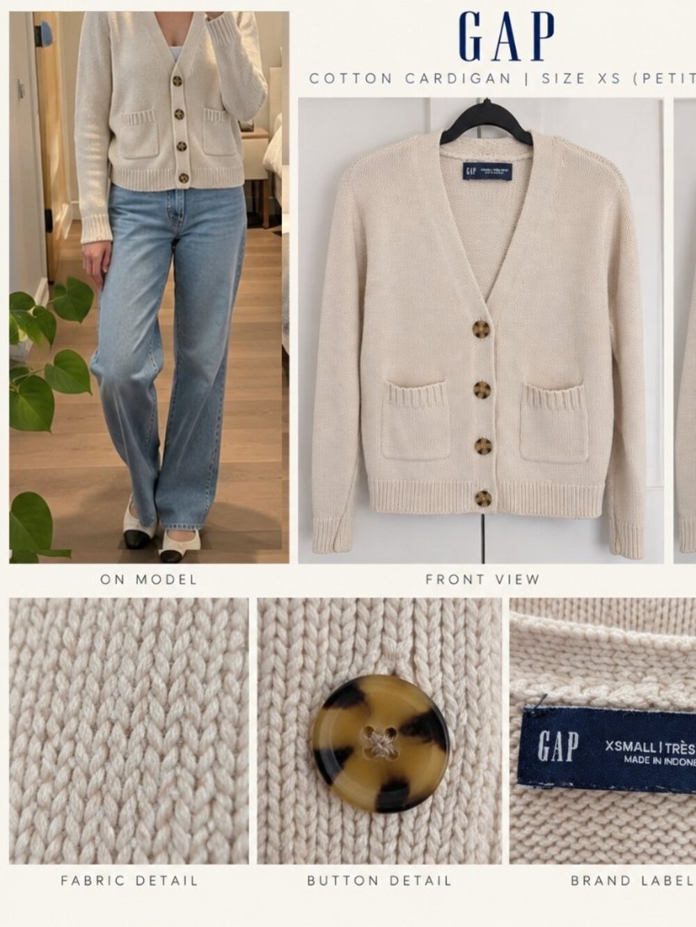 GAP Cream 100% Cotton V-Neck Button Cardigan XS